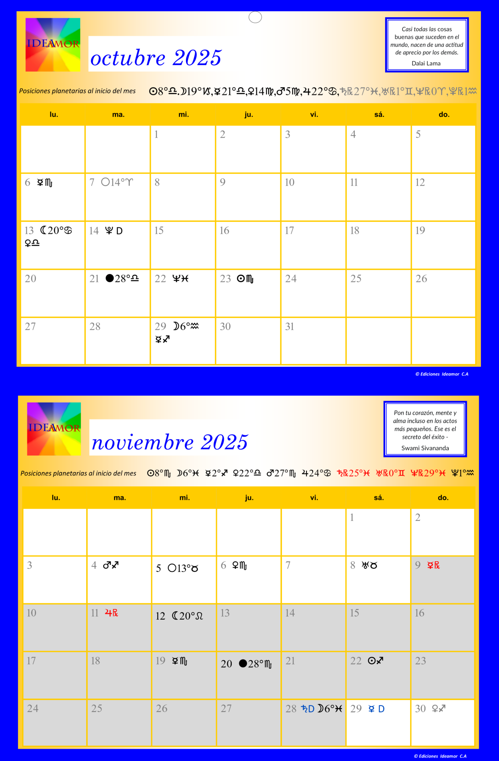 Calendarios octubre y noviembre 2025